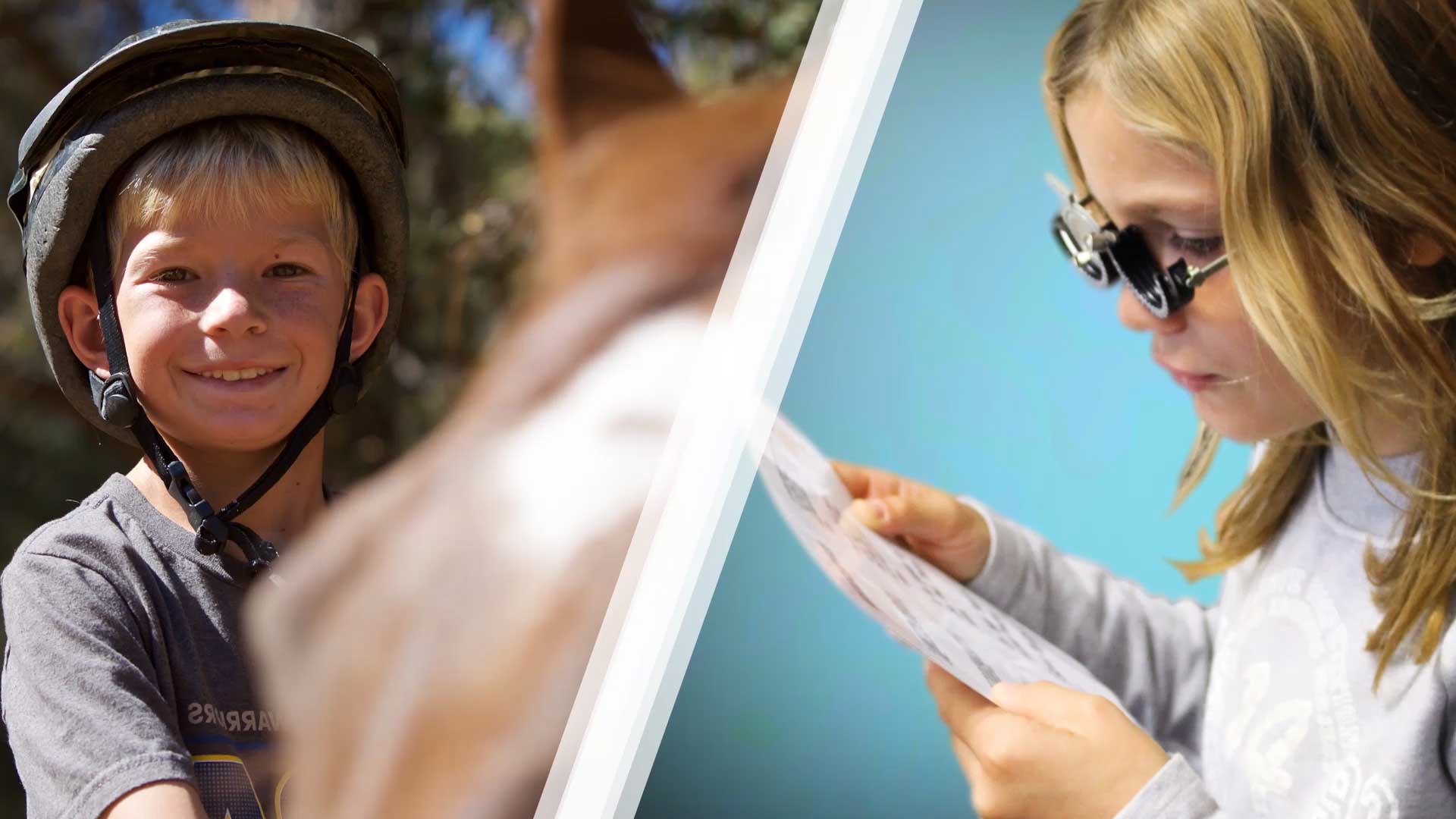 Boy on a bike and girl getting eyes tested